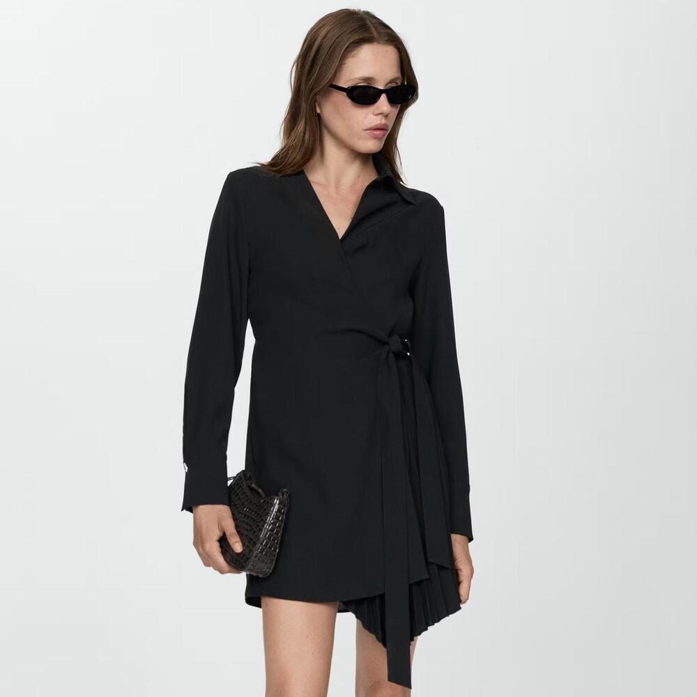 NWT Mango MNG Wrap Dress 10 Black Collared Long Sleeve Pleated Skirt
